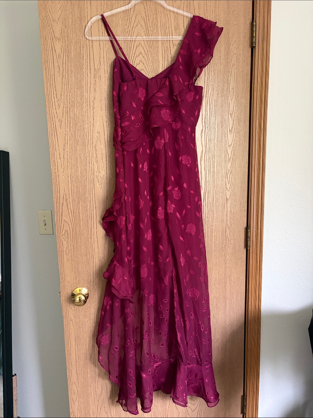 Lulu's Magenta One-Shoulder Ruffle Midi Dress - Picture 2 of 3